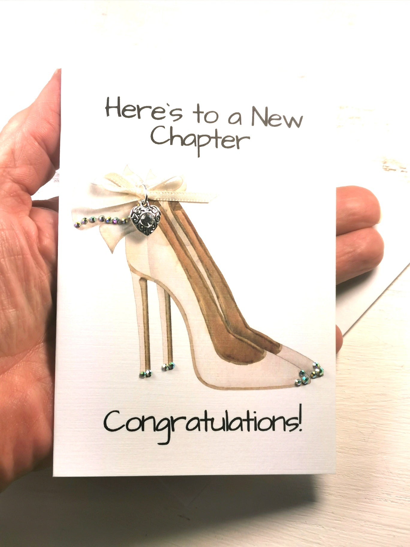 Congratulations High Heel Charm Embellished card | Here`s to a New Chapter Charm Card