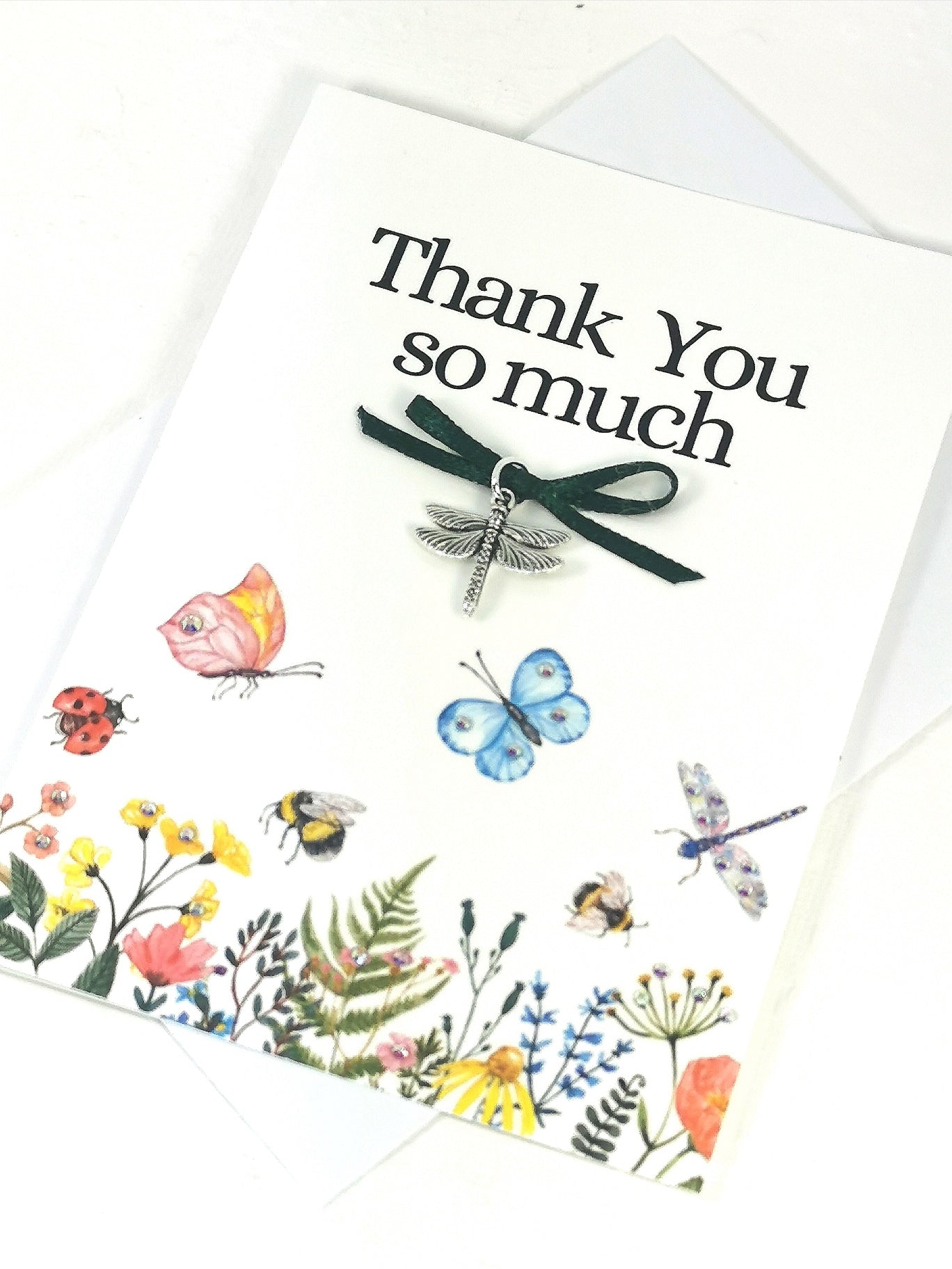 Thank You Charm Card |   Thank You so Much Embellished Dragonfly charm card