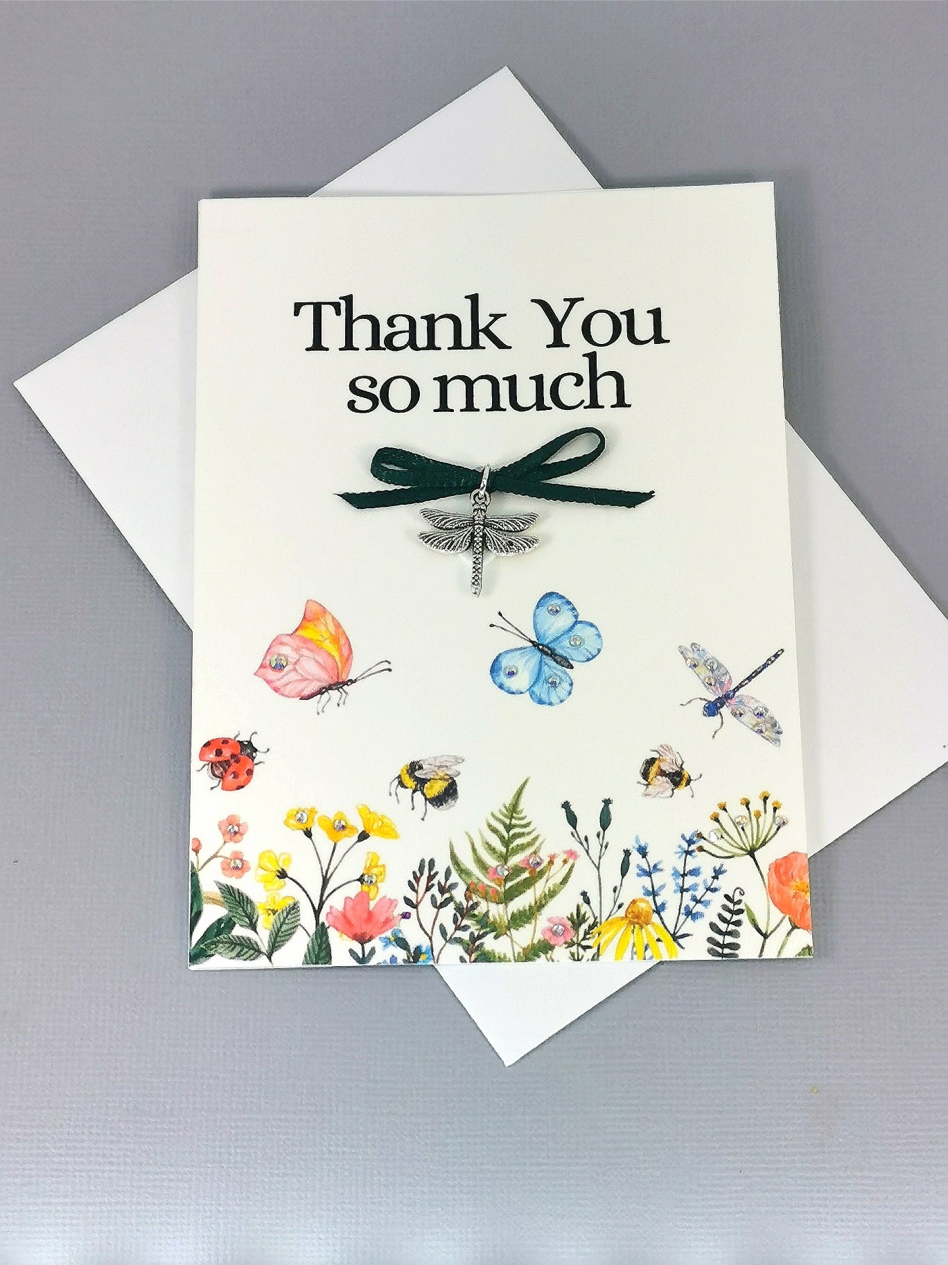 Thank You Charm Card |   Thank You so Much Embellished Dragonfly charm card