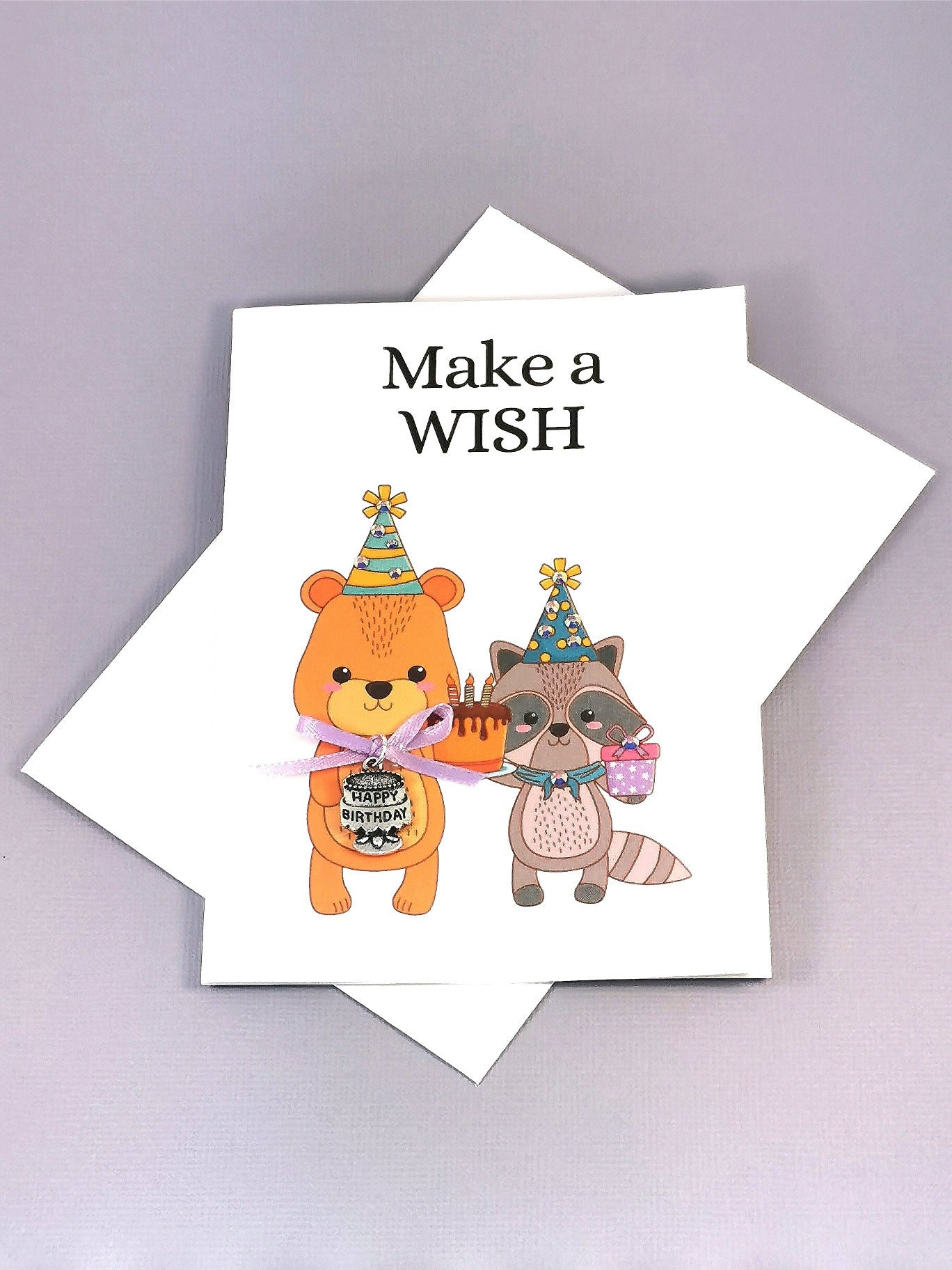 Childs Birthday Card | Make a wish Birthday card with charm | Cute Animal Birthday card