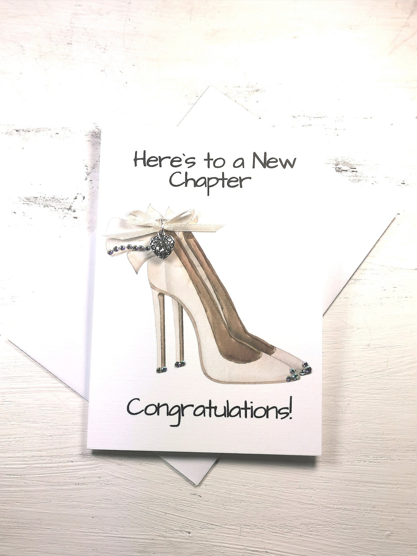 Congratulations High Heel Charm Embellished card | Here`s to a New Chapter Charm Card