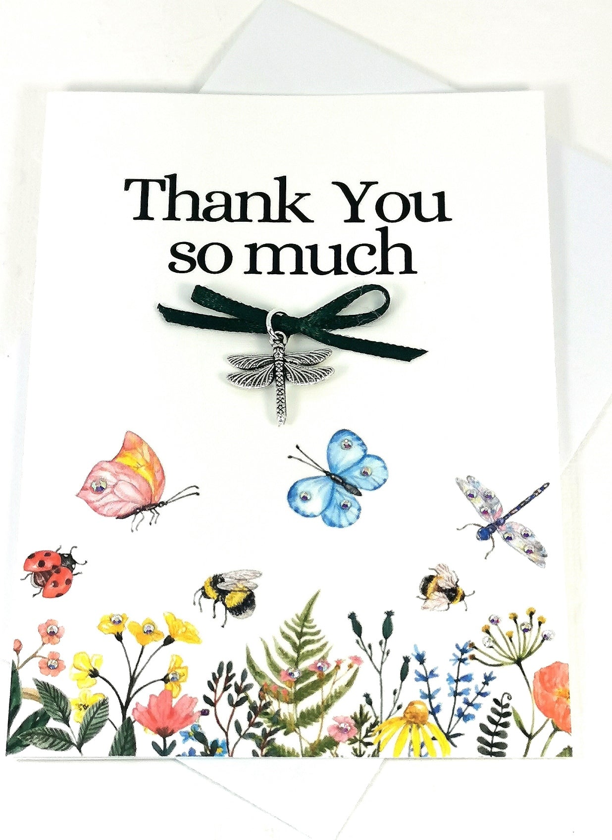 Thank you so Much Note Card  | Floral Thank you Card with Dragonfly charm | Appreciation Card