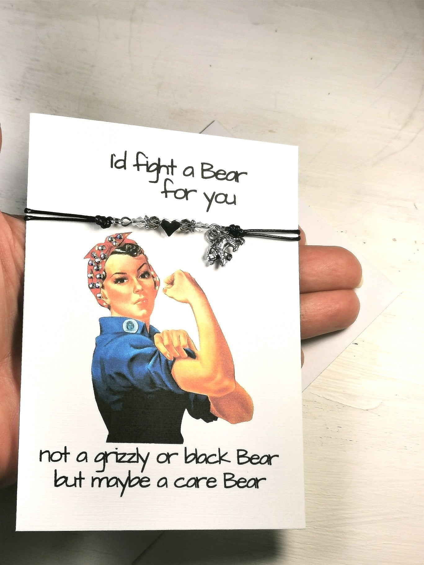 Funny Friendship Heart Bracelet Note Card  | I would fight a Bear for you bracelet card | Handmade Cards | Best friend  Bracelet card