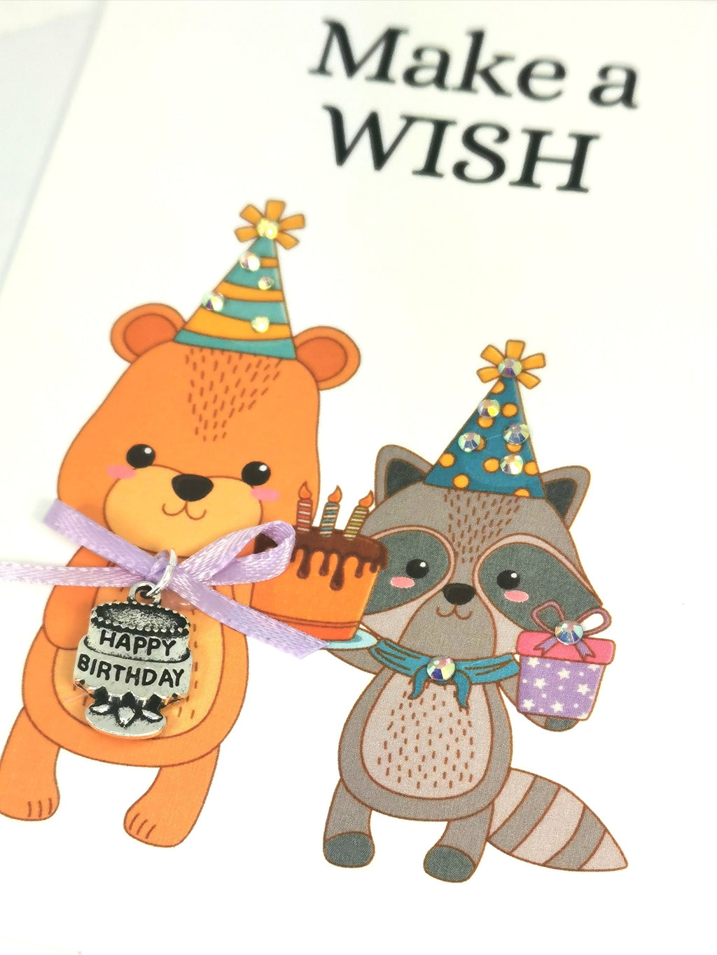 Childs Birthday Card | Make a wish Birthday card with charm | Cute Animal Birthday card